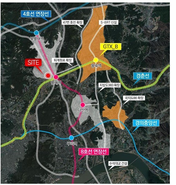 별내자이 더 스타 이그제큐티브 주변 광역교통 개발계획도 — 별내역 중심 GTX-B·8호선 별내선·경춘선·경의중앙선 노선 표시
